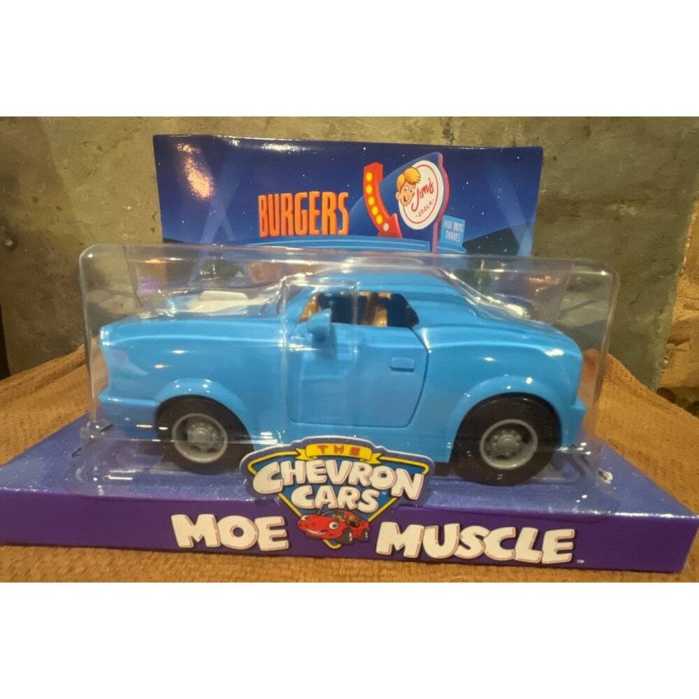 New In Package Chevron Cars Moe Muscle Blue 2009 Jims Burgers Hangout NOS